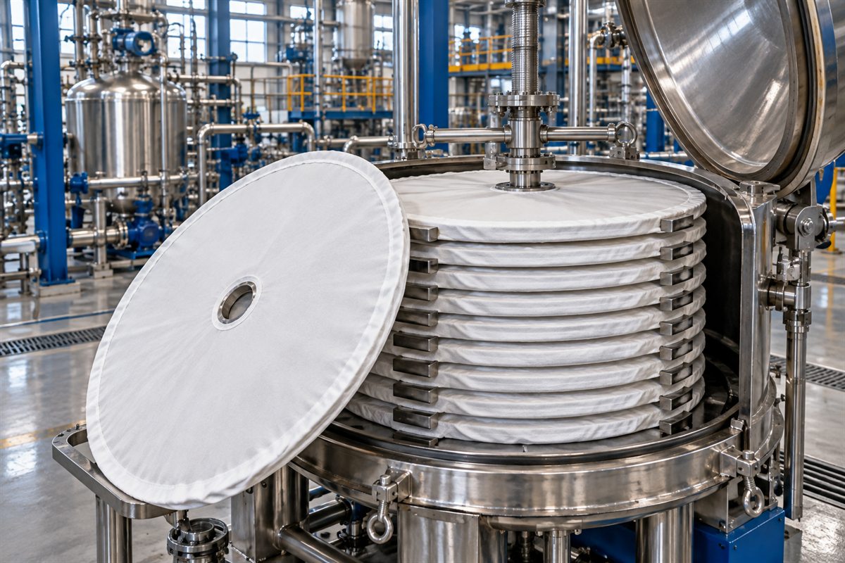 Opened leaf filter showing a stack of white cloth-covered filter discs, one disc lifted out