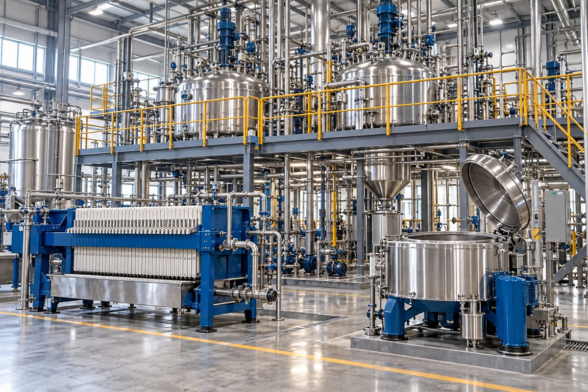 Multi-product chemical plant with reactors on a yellow-railed platform, a filter press and an open basket centrifuge on the floor below