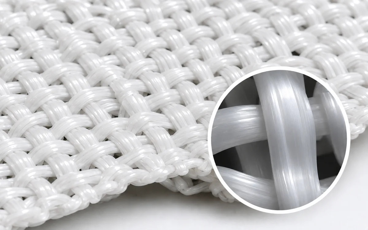 PP monofilament filter cloth, with a magnified inset showing the smooth single-strand yarns at the weave crossing