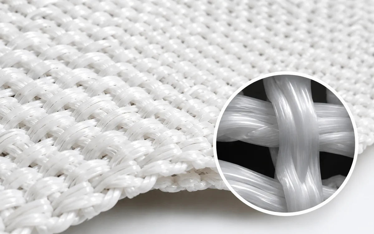 PP multifilament filter cloth, with a magnified inset showing the twisted multi-strand yarns at the weave crossing